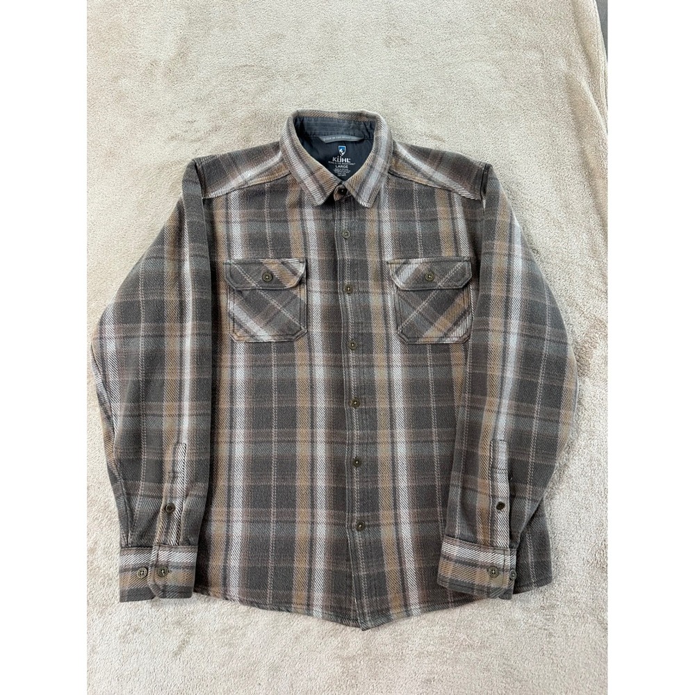 KUHL Disordr Flannel Button Up Shacket Mens L Brown Tan Plaid Cotton Tencel EUC